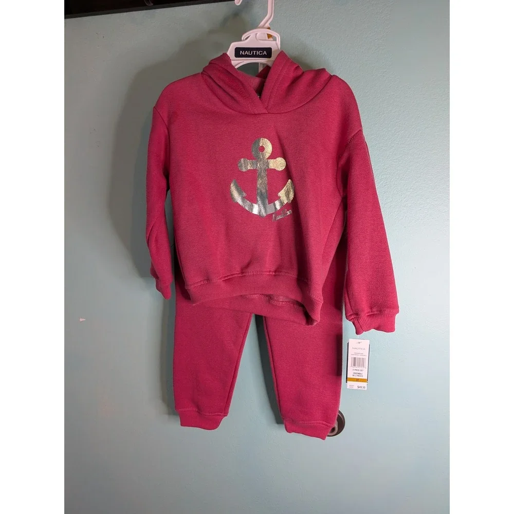 Nautica Girls 3T Raspberry Pink Anchor Graphic Hoodie and Jogger 2-Piece Set NEW